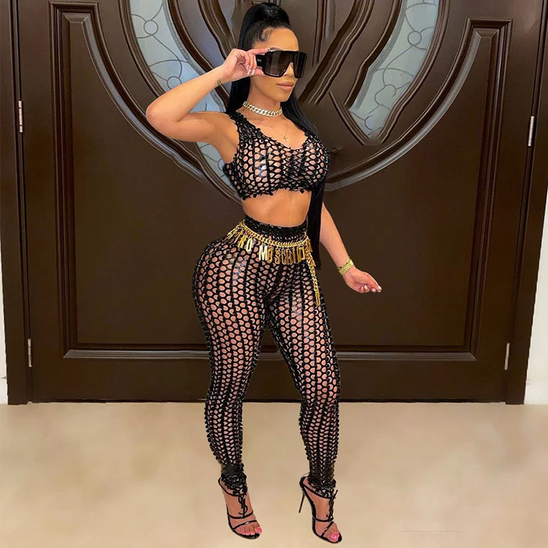 

Beyprern New Chic See Through Leather Matching Sets Two-Piece Outfits Summer Hollow Out Crop Top And Legging Set Rave Outfits