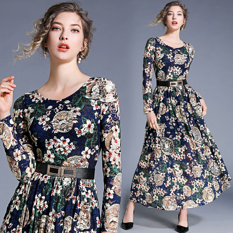 

New Elegant Vintage Fashion Women Floral Lace Slim Tunic High Waist Evening Party Dress Lady Long Sleeve Big Swing Maxi Dresses