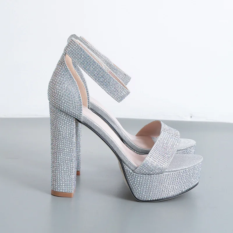 Летние женские босоножки на платформе Роскошные серебристые свадебные туфли