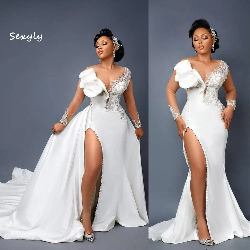 

Sexy Mermaid Wedding Dresses With Slit Long Sleeve Plus Size African Nigeria Boho Wedding Gowns With Detachable Train 2022