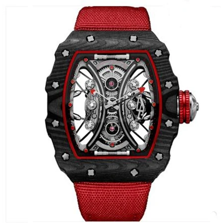 

New Fashion Hollow Automatic Mechanical Men's Watch Black Carbon Fiber Case Red Canvas Male Women Big Wristwatch