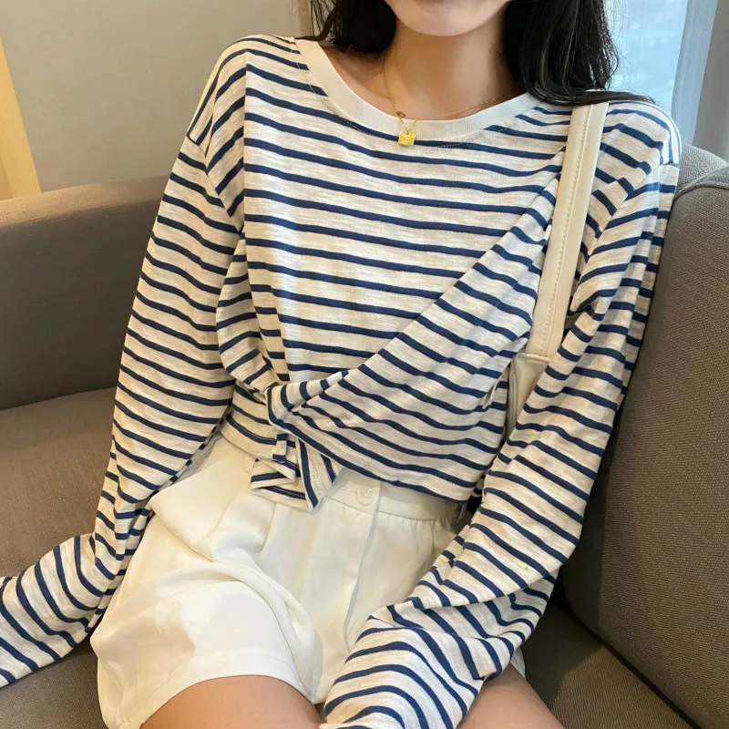 

Casual Loose Striped Knitted T-shirt Women Contrast Color All-match Long Sleeve Crop Top