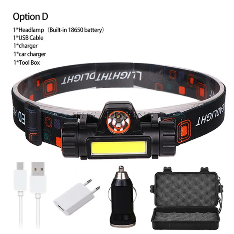 

2020 new USB rechargeable LED headlamp 3 W COB Q5 high lumen lithium battery waterproof 2 beams headlight head lamp light