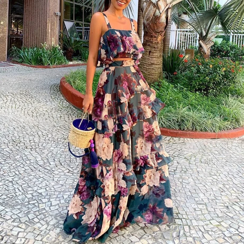 Женское длинное платье в пол красное пляжное без бретелек с цветочным принтом