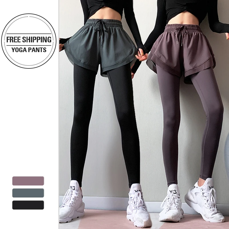 Для женщин высокой талией Йога штаны имитация костюма из 2 в 1 предмета бесшовные