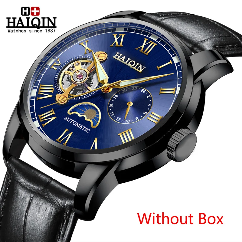 Black Blue No Box HAIQIN водонепроницаемые мужские часы с скелетом из нержавеющей стали, роскошные брендовые прозрачные механические Спортивные мужские наручные часы - Цвет: Black Blue No Box