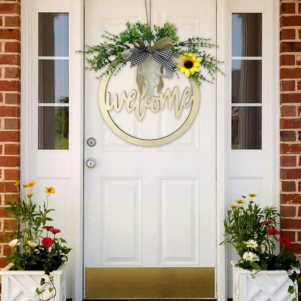 

Party Logo Welcome/Hello Sign Wreath Set Front Door Hanger With Bow 12 Inch Round Outdoor Hanging Vertical Sign Home Decoration