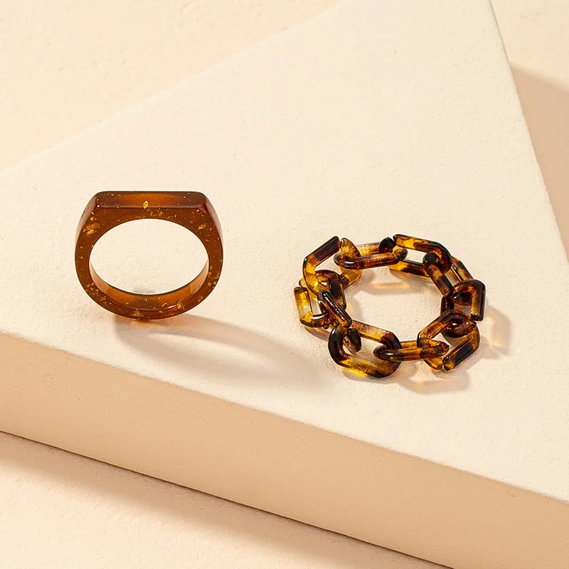

New Korean Vintage Gold Foil Resin Chain Lock Leopard Acetate Geometric Square Rings Set for Women Summer Acrylic Ring Jewelry