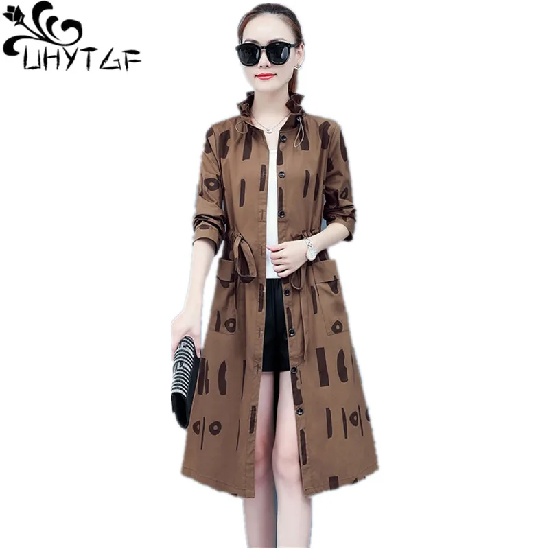 

Модная весенне-осенняя ветровка UHYTGF, Женская облегающая верхняя одежда средней длины размеров 3XL, тонкий Тренч с длинным рукавом, Женское пальто, 1631
