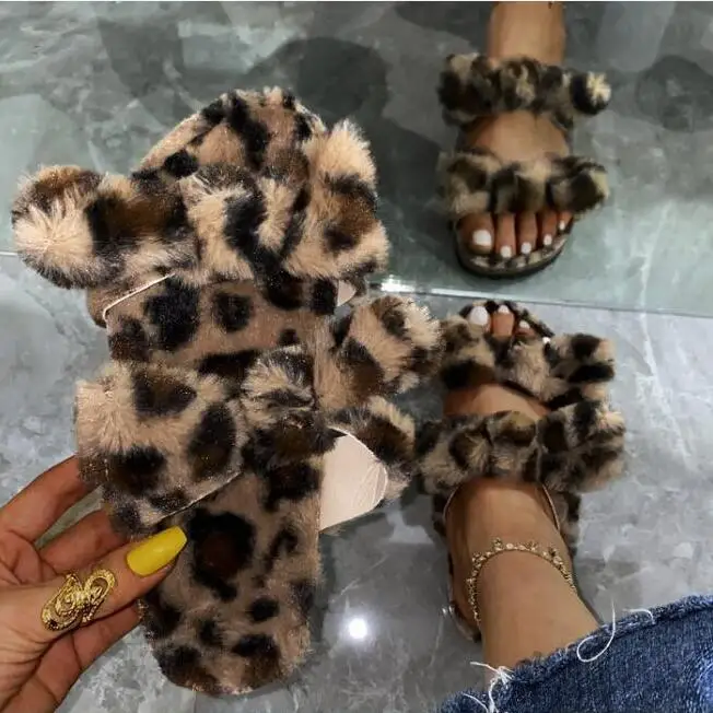

Double-layer bowknot fox fur fashion one-line fur shoes plus size leopard print ms slippers 2020 flat home women sandals