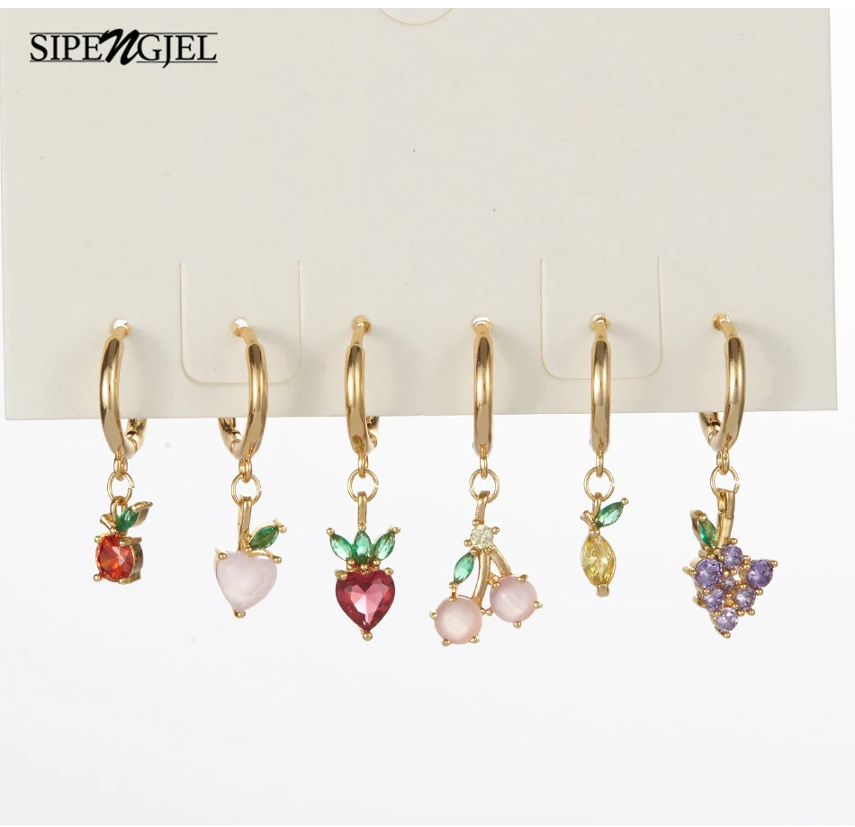 

SIPENGJEL Shiny Colored Zircon Fruit Series Hoop Earrings Sweet Summer Cherry Huggie Earrings For Women Girls Jewelry 2021