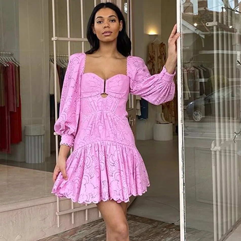 

High Quality 2021 Summer Sexy V-neck Lantern Long Sleeve Hollow Lace-Up Dress Elegant Women's Celebrity Club Party Dress Vestido