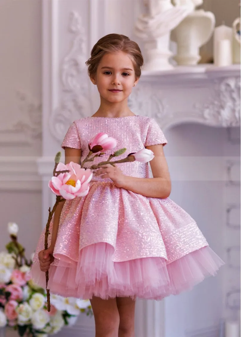 

Tutu Pink Tulle Sequins Flower Girl Dress V Back Cap Sleeve Knee Length Baby Girl Birthday Party Gowns