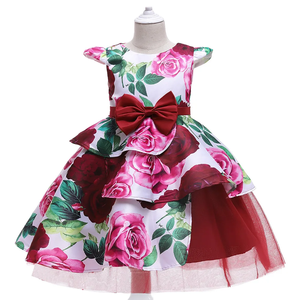 Flower Girl Dresses Elegant Red Printing Sleeveless Satin  Kids Pageant Gowns For Weddings First Communion Dresses champagne ballgown tulle tutu dresses ballgown flower girl dresses for weddings kids first communion dresses