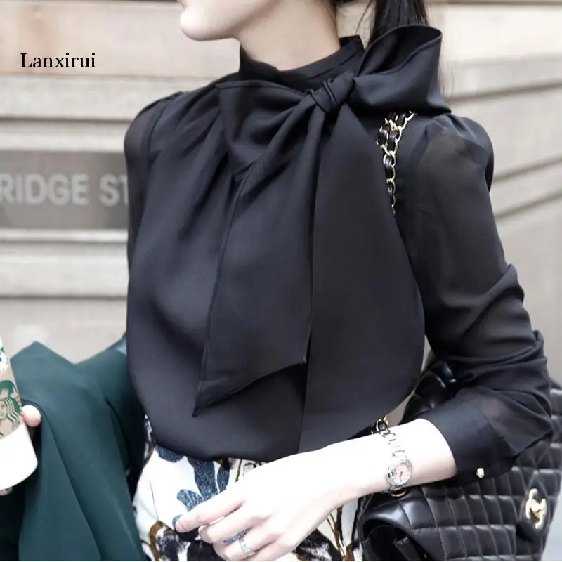 

Fashion Women Shirts Bowtie Collar Long Sleeve Solid Color Elegant OL Chiffon Blouse Femme Blusa Chemise