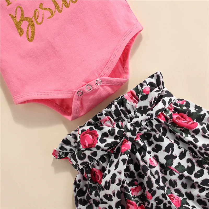 

3Pcs Infant Girls Clothes Set,Newborn Baby Girl Summer Letter Print O-Neck Short Sleeve Romper+Leopard Shorts+Headband,0-18Month