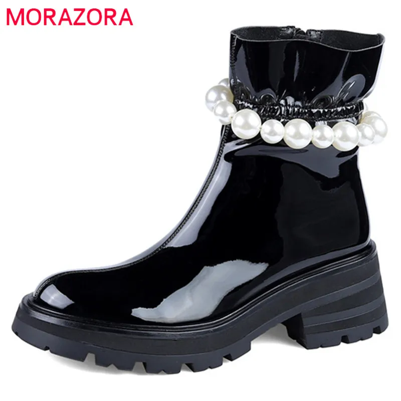 

Женские ботильоны с жемчугом MORAZORA, черные повседневные ботильоны из натуральной кожи на толстой подошве, на молнии, осень 2022