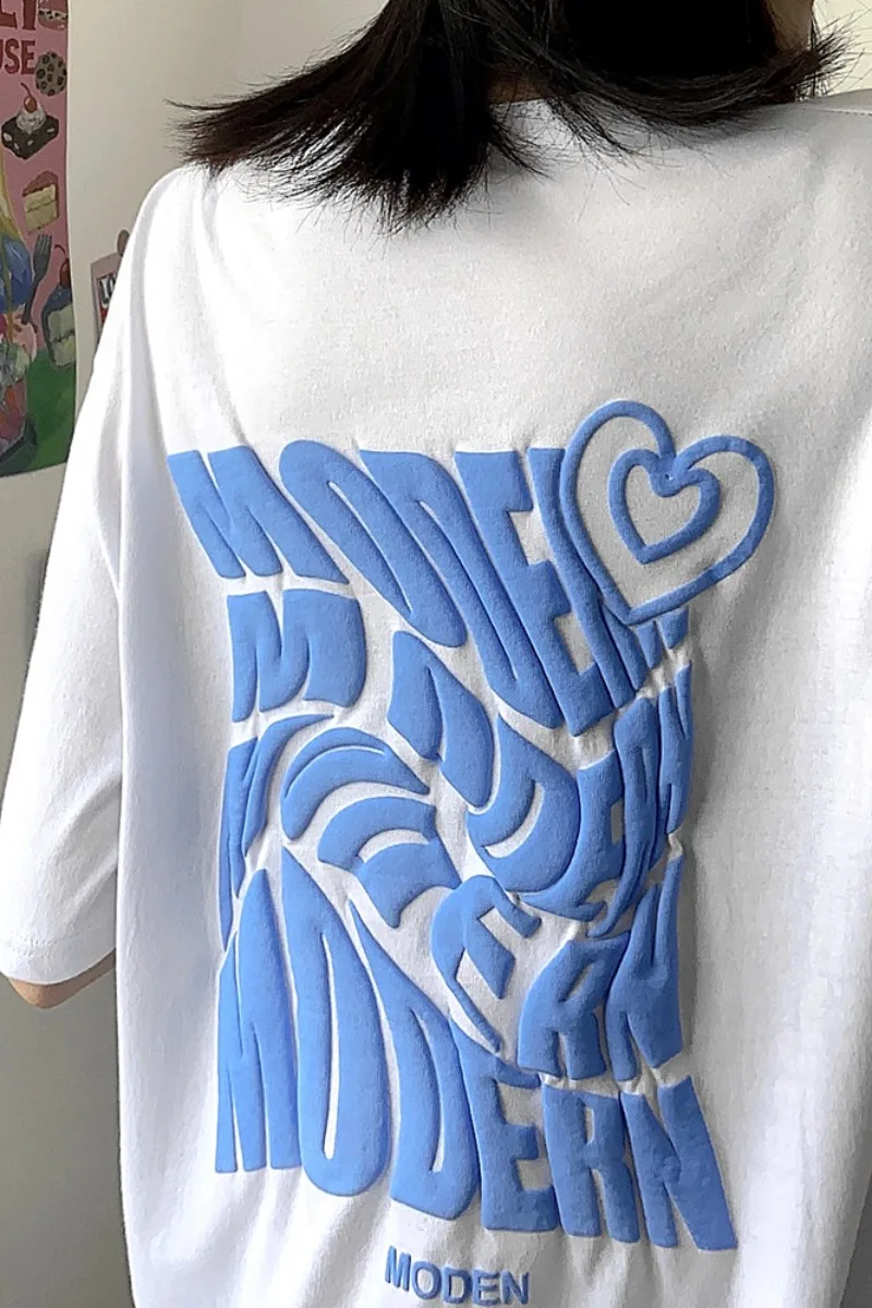 

T-shirt women's new summer 2021 South Korean three dimensional letters printed white loose round neck short sleeve top fashion