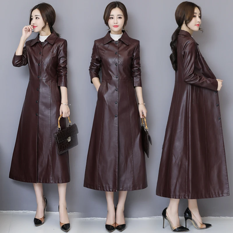 2020 Spring Autumn New Leather Coat Women's Medium Long Slim Sheepskin Trench Coat Plus size Korean Knee Women's overcoat Tide enlarge