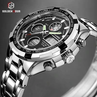 goldenhour luxury brand waterproof military sport watches men silver steel digital quartz analog watch clock relogios masculinos