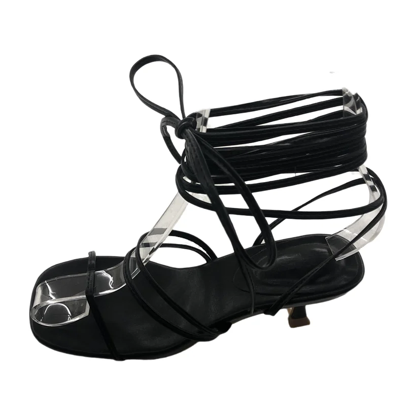 

Ankle Strap Sandals Straps Fashion Womens Shoes 2021 High Heels Suit Female Beige Buckle Med Square Toe Lace Up Luxury Comfort S