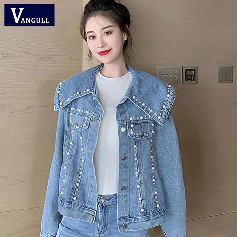 

Vangull Vintage Women Jean Jacket Fashion Beading Solid Denim Coat Fall New Korean Design Single Breasted Pearls Denim Jackets