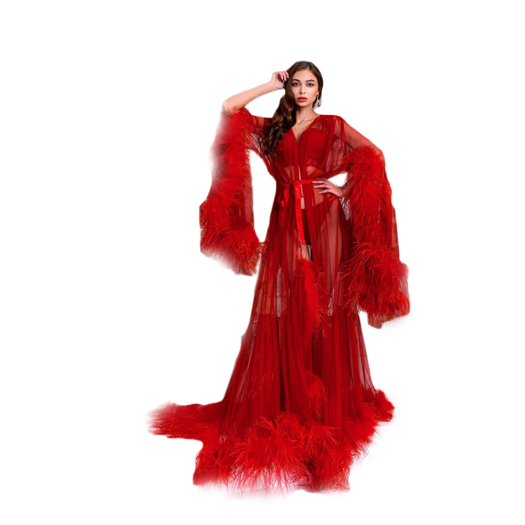 

Luxury Feather Prom Pregnant Party Sleepwear Women Red Bathrobe Nightgown Maternity Dress Custom Made Evening Gown