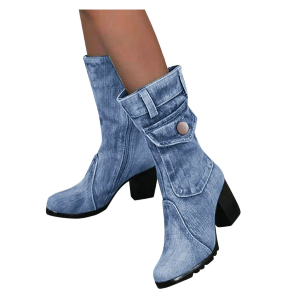 Blue jeans boots Women's Mid-rise Rome Solid Slip-On Chunky Med Heels Boots wild vintage Large Size Ladies shoes