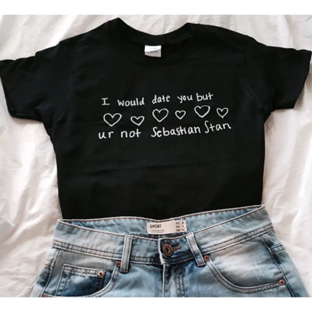 

Летняя мода, уличная одежда унисекс, стильные футболки, я бы свидал с вами, но не Себастьян Стэн, футболка с круглым вырезом, топы с коротким р...