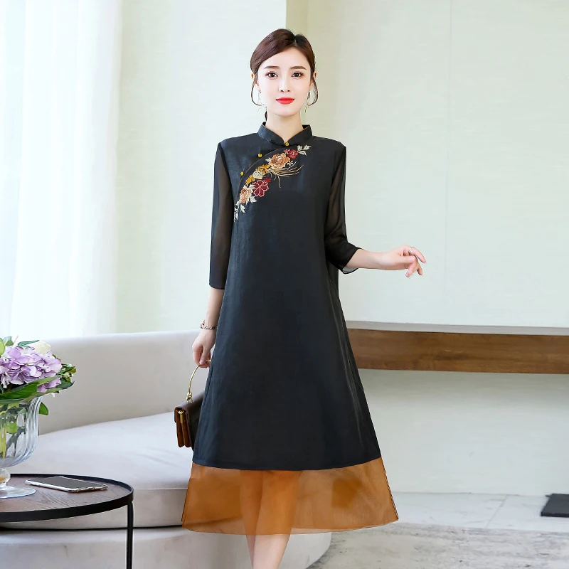 

Large size M-XXXXL vrouwen jurk 2019 Autumn and winter Embroidered silk organza new cheongsam scented cheongsam dress