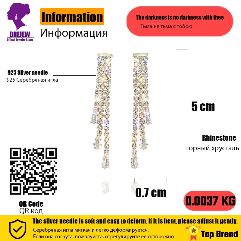 

DREJEW Gold Silver Long Tassel Crystal Rhinestone Statement Drop Earrings Luxury 925 Dangle Earrings Women Cute Wedding Jewelry