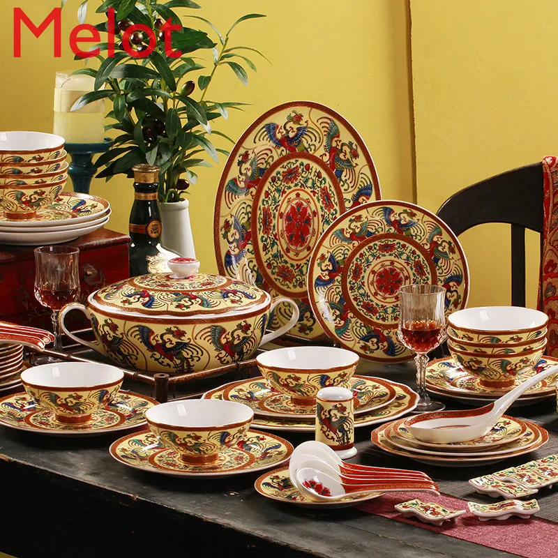

High-End Luxury Ceramic Tableware 59-Piece Chinese Enamel Household Bone China Tableware Ceramic Enamel Porcelain