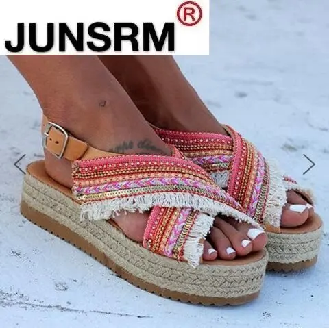

Womens straw sandals Open Toe Ankle Tassel Beaded Roman shoes ethnic style thick-bottomed muffin with braided beaded back sandal