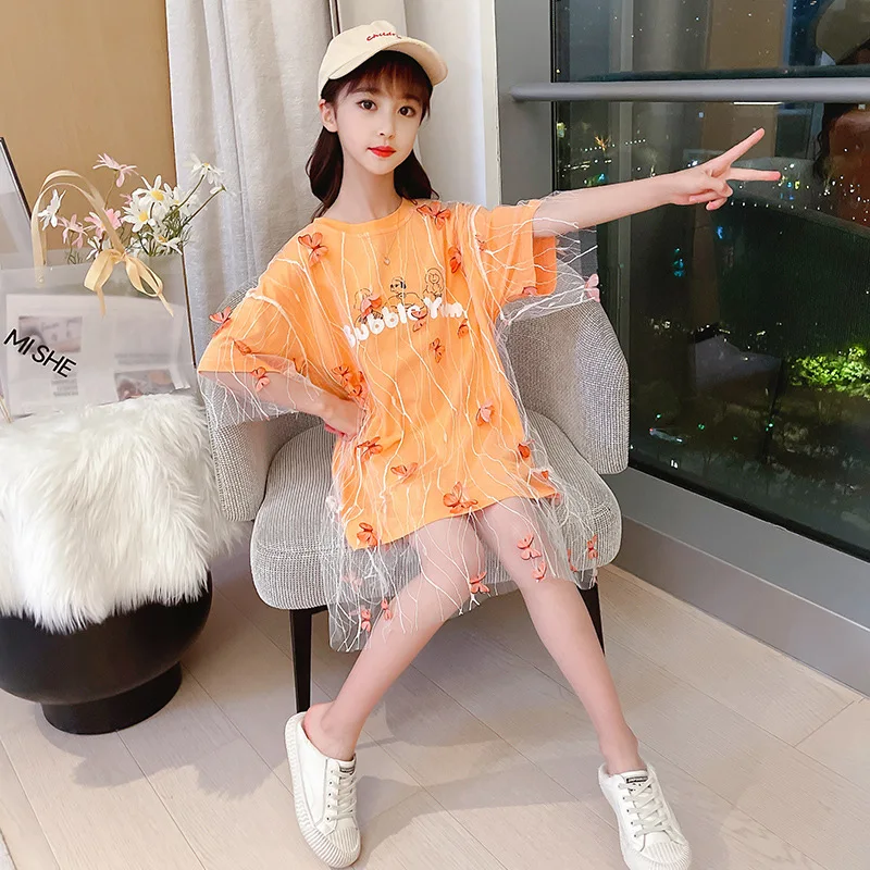 

Girls Cute Korean Clothing Summer Mesh Loose Short-sleeve T-shirt Dress Teenage Girls Clothes Boutique Kids Outfits 13 14 Year