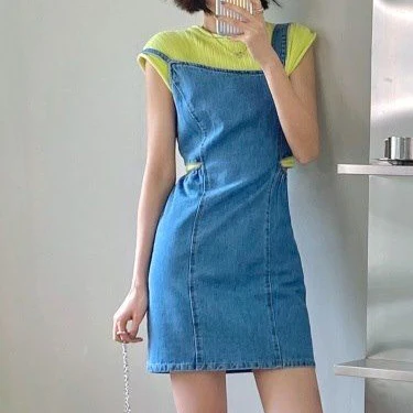 

Korean denim dress 2021 summer strappy dress Straight hole harajuku sexy dress women club Cotton Casual Regular