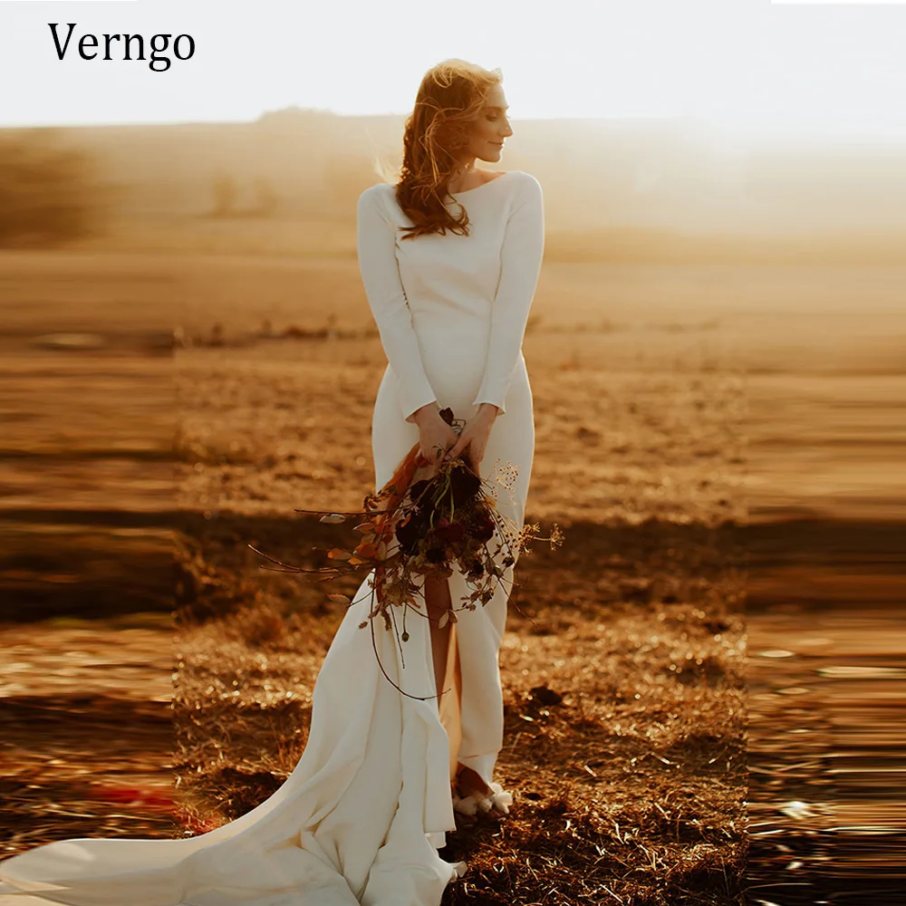 

Verngo Boho Свадебное платье деревенский кантри мягкие атласные свадебные наряды Русалка с длинными рукавами винтажное покрытое сзади платье н...