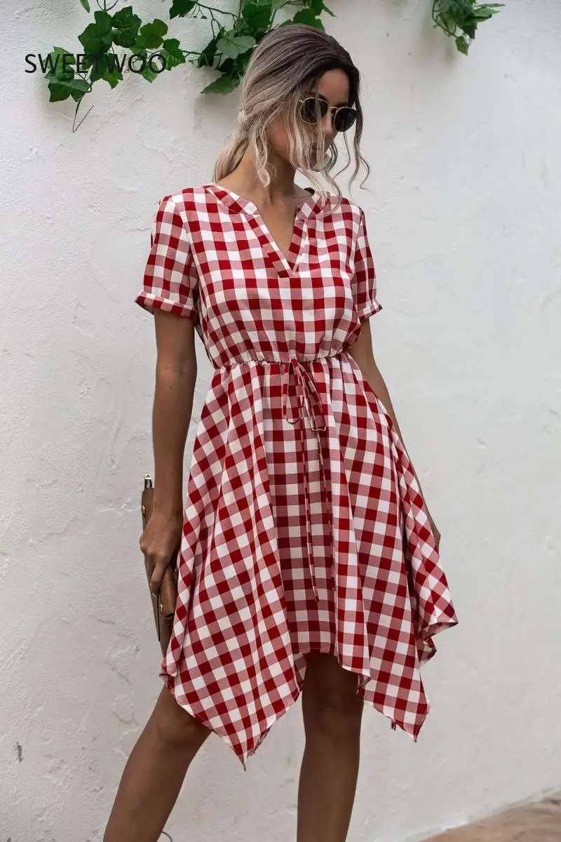 

Summer Dress Women Asymmetrical Plaid Sundresses Casual Black Fitted Clothing Knees Leisure 2021 Red Clothes for Women