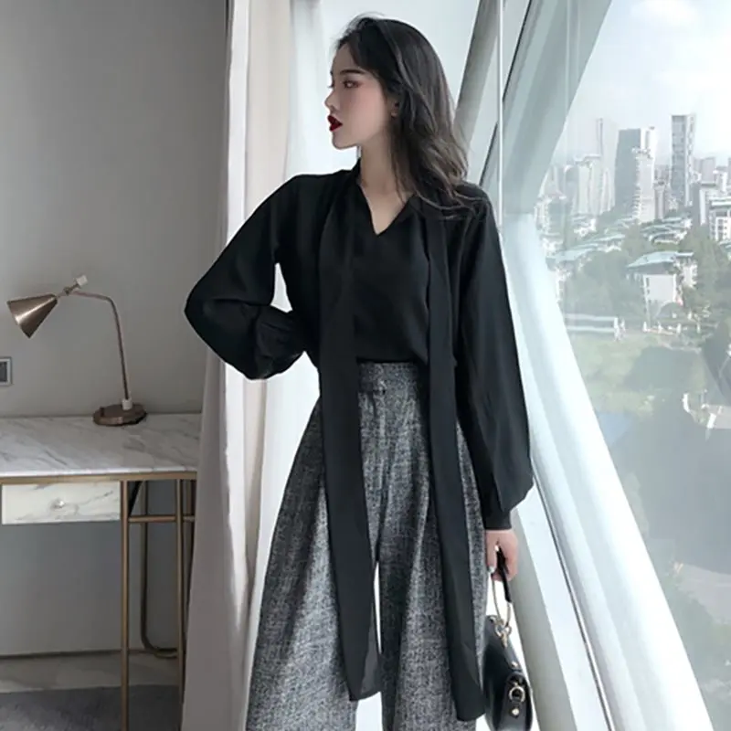 

Spring Autumn Two-Piece Suit Women Black Tie V-Neck Pullover Shirt+Gray Suit High Waist Wide Leg Pant Office Fashion Casual Suit