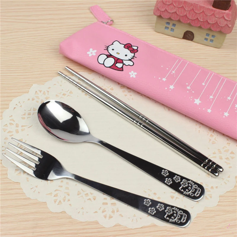 

3PCS/Set Kawaii Cute Cat Stainless Steel Dinnerware Kitchen Supplies Chopsticks Utensil Flatware Spoon Fork For Kids Children