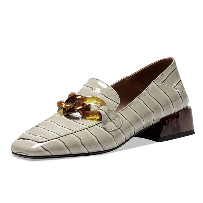 

Cowhide Stone Patter women shoes Full Leather Cowhide Fashion Ladies Chain Heel Stitching College Loafers Zapatillas mujer