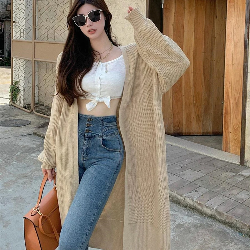 

Женский элегантный свободный свитер, плотный теплый вязаный кардиган оверсайз, пальто средней длины для осени и зимы