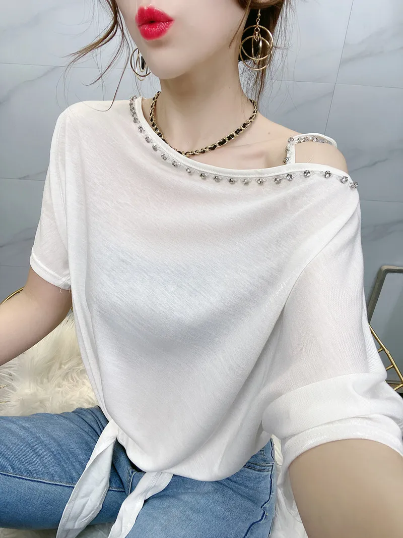 

2021 Summer Women's New Loose Solid Short-Sleeved T-shirt Ladies Fashion Ins Off-Shoulder Strap Base Shirt Simple Pullover Top