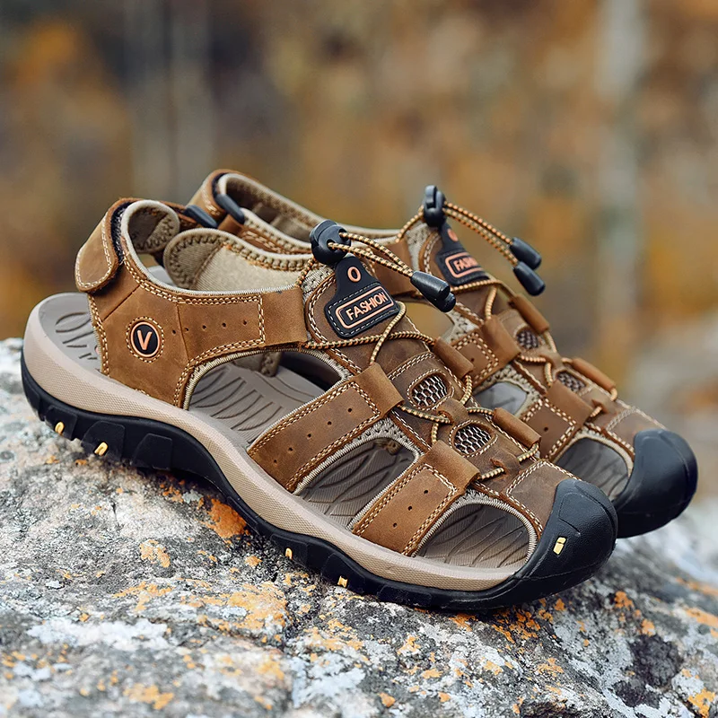 

2021 Outdoor Hiking Sandals Men Big Size Brown Beach Roman Sandals Man Brand Summer Mens Genuine Leather Sandals sandale homme