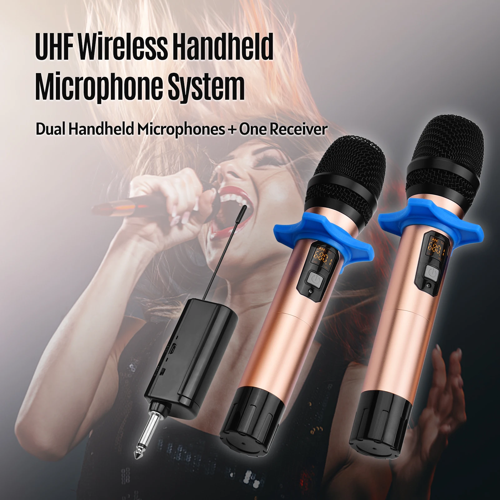 

Muslady UHF Wireless Microphone System with Dual Handheld Cardioid Microphone and Receiver 16 Channels for Video Live Broadcast
