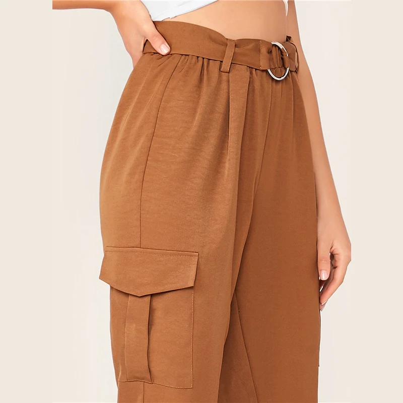 SHEIN/коричневые штаны с О-образным кольцом и поясом, с клапаном, с боковым откатом на подоле, для женщин, Осенние однотонные повседневные женские укороченные брюки с эластичной резинкой на талии