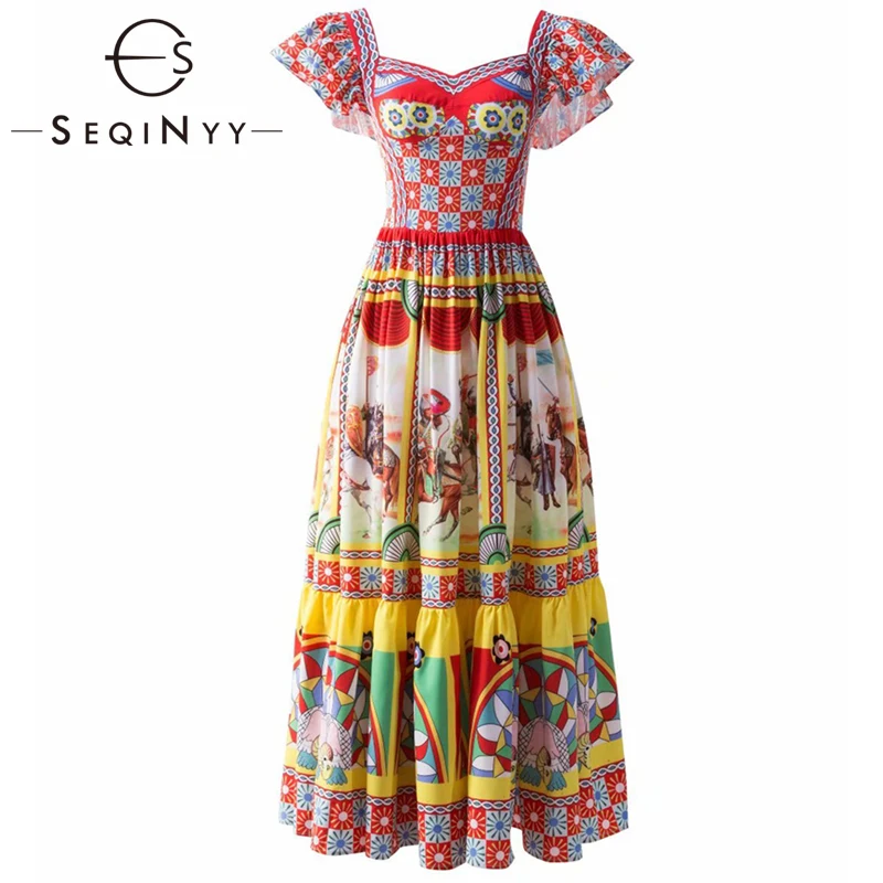 

SEQINYY Sicily Midi Dress Summer Spring New Fashion Design Women Runway Vintage Red Plaid Warrior Print Ruffles A-Line Elegant