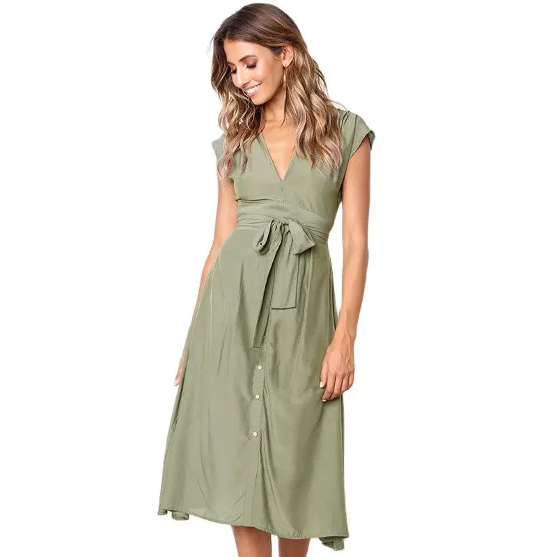 

Women Slim Sashes Dress Short Sleeve 2021 Summer New Bodycon Buttons Midi Dresses Sexy V-Neck Women Fashion Vestidos Wrap Dress