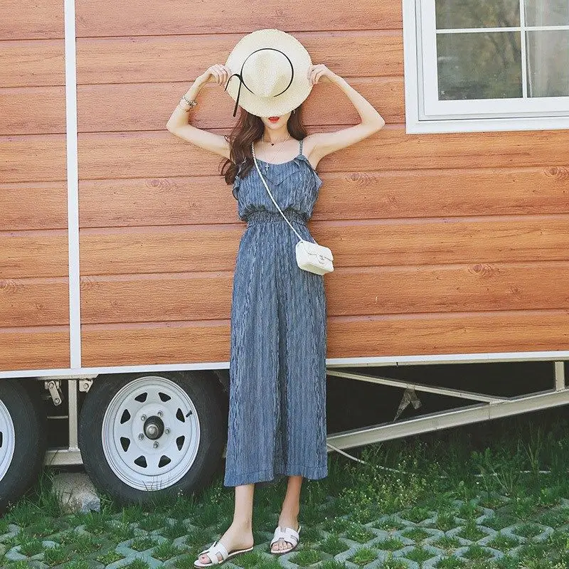 

HStar 2020 Women Jumpsuit Romper Lady Jumpsuit Wide Trousers Playsuit Female Summer Striped Print Ruffles Pants