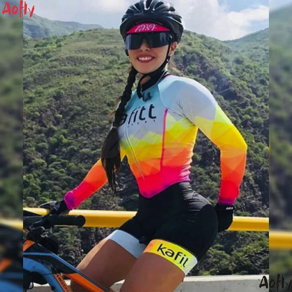 

2021Kafitt Women's Long Sleeve Triathlon Cycling Jersey Skinsuit Sets Macaquinho Ciclismo Feminino Bicycle Clothing Jumpsuit Kit