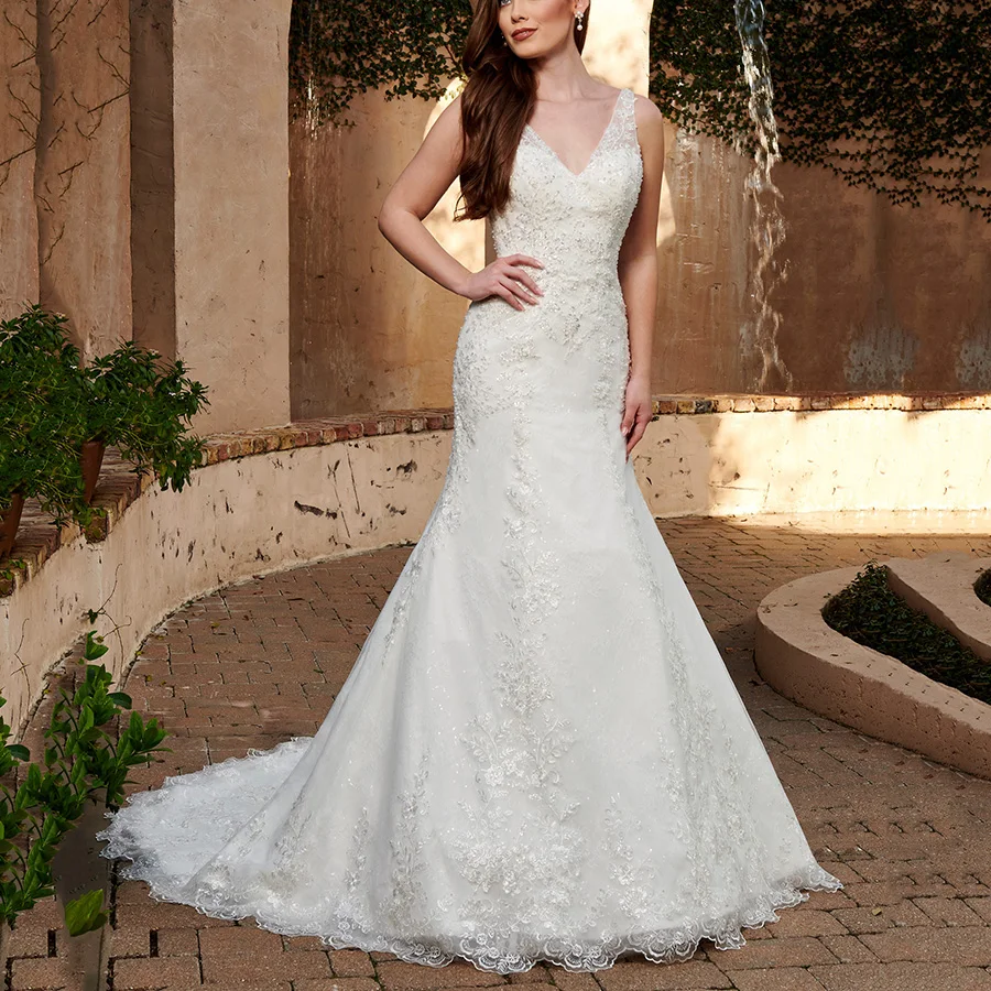

New Arrival V Neck Sleeveless Ivory Lace Mermaid Wedding Dress for Bride 2021 Open Back Sexy Applique Beadings Bridal Gown